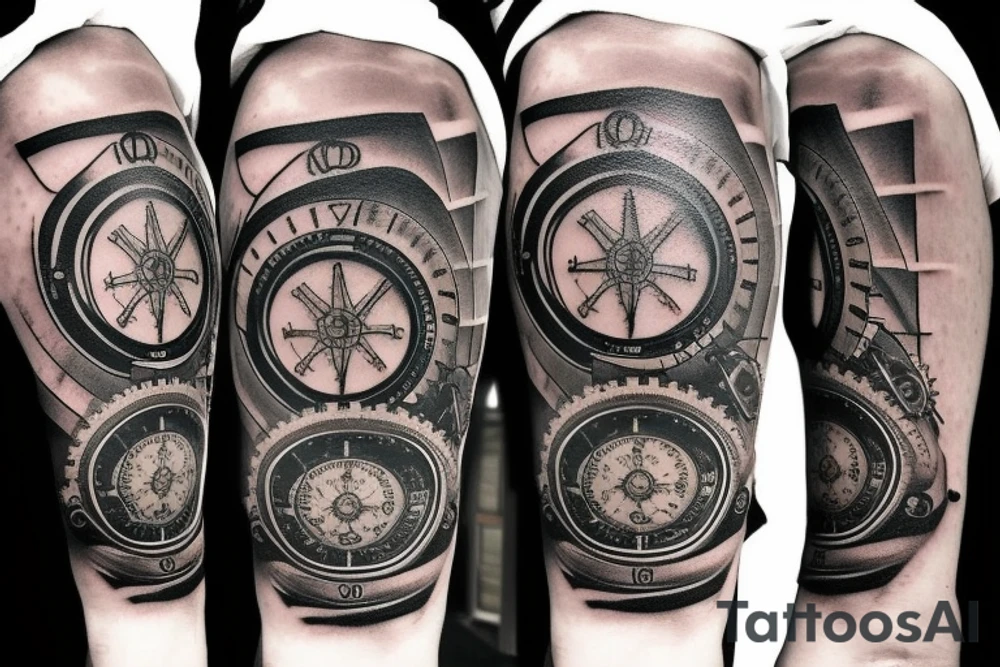 Clock with exposed gears and nautical compass tattoo idea