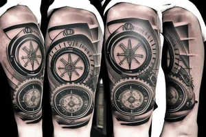 Clock with exposed gears and nautical compass tattoo idea