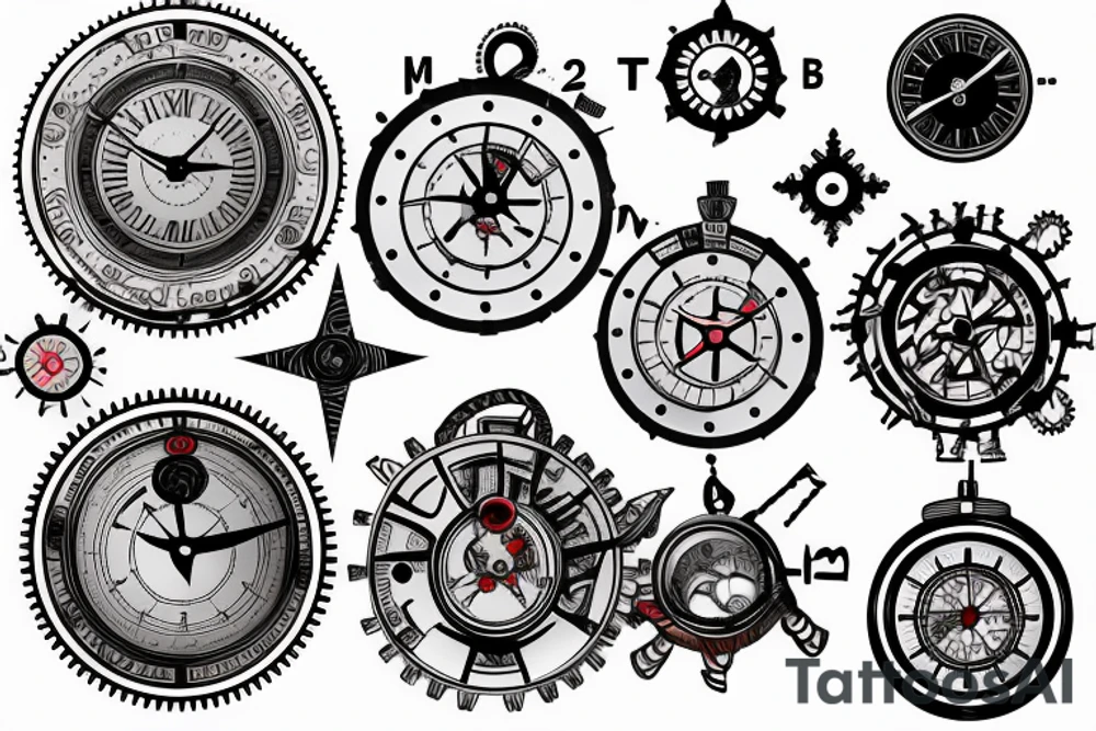 Clock with exposed gears and nautical compass tattoo idea