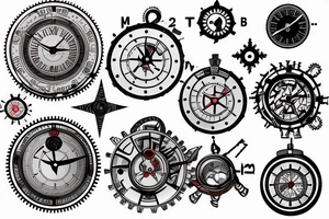 Clock with exposed gears and nautical compass tattoo idea
