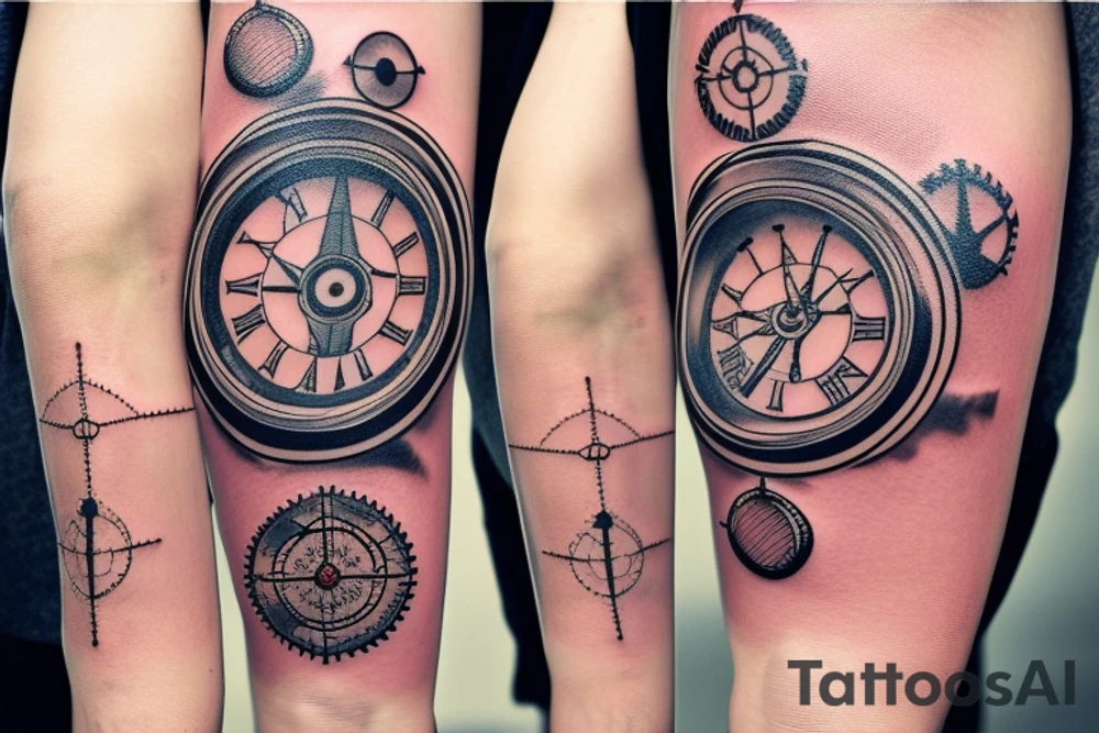 Clock with exposed gears and nautical compass tattoo idea