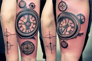 Clock with exposed gears and nautical compass tattoo idea
