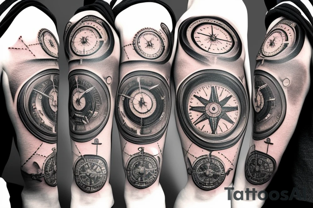 Clock with 3D gears and nautical compass tattoo idea