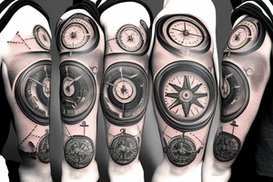 Clock with 3D gears and nautical compass tattoo idea