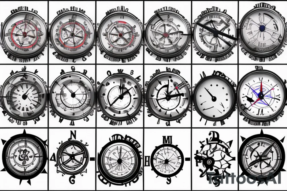 Clock with 3D gears and nautical compass tattoo idea