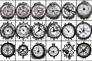 Clock with 3D gears and nautical compass tattoo idea