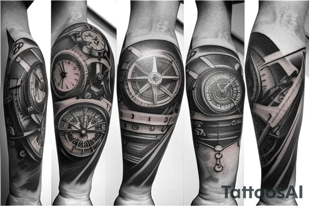 Clock with 3D gears and nautical compass tattoo idea