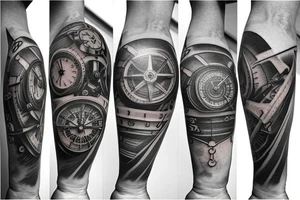Clock with 3D gears and nautical compass tattoo idea