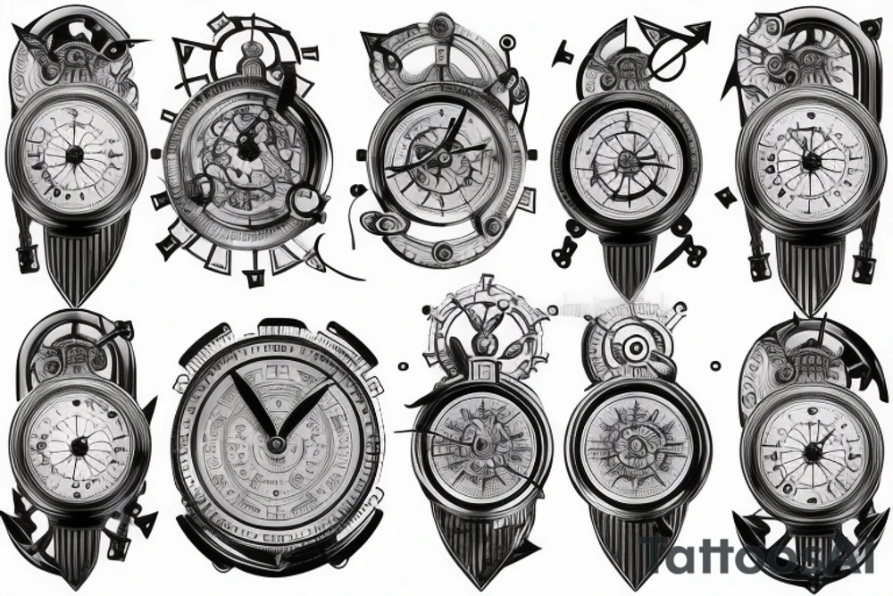 Clock with 3D gears and nautical compass tattoo idea