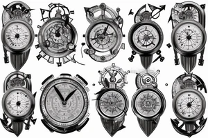Clock with 3D gears and nautical compass tattoo idea