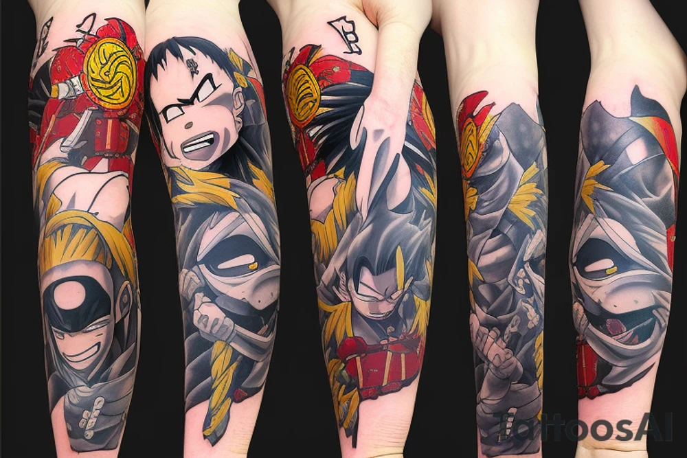 whole arm tattoo taht represents my love for anime. It should have Straw Hat Pirates, the dragon ball z heroes, the elric brothers from full metal alchemist, saitama, berserk, gon and killua and the main charachters from naruto tattoo idea