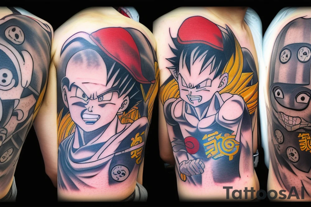 whole arm tattoo taht represents my love for anime. It should have Straw Hat Pirates, the dragon ball z heroes, the elric brothers from full metal alchemist, saitama, berserk, gon and killua and the main charachters from naruto tattoo idea