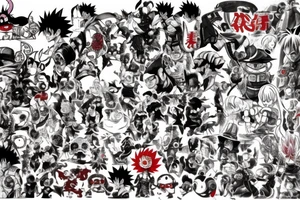 whole arm tattoo It should have Straw Hat Pirates, the dragon ball z heroes, the elric brothers from full metal alchemist, saitama, berserk, gon and killua and the main charachters from naruto tattoo idea