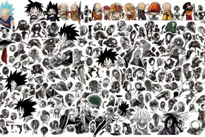 whole arm tattoo It should have Straw Hat Pirates, the dragon ball z heroes, the elric brothers from full metal alchemist, saitama, berserk, gon and killua and the main charachters from naruto tattoo idea