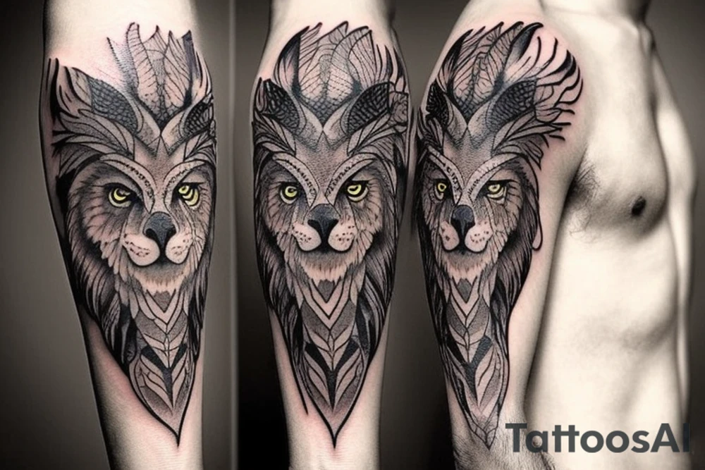 owl, lion and wolf combined in one tattoo. it could be also in a totem form tattoo idea