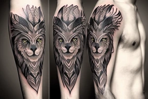 owl, lion and wolf combined in one tattoo. it could be also in a totem form tattoo idea