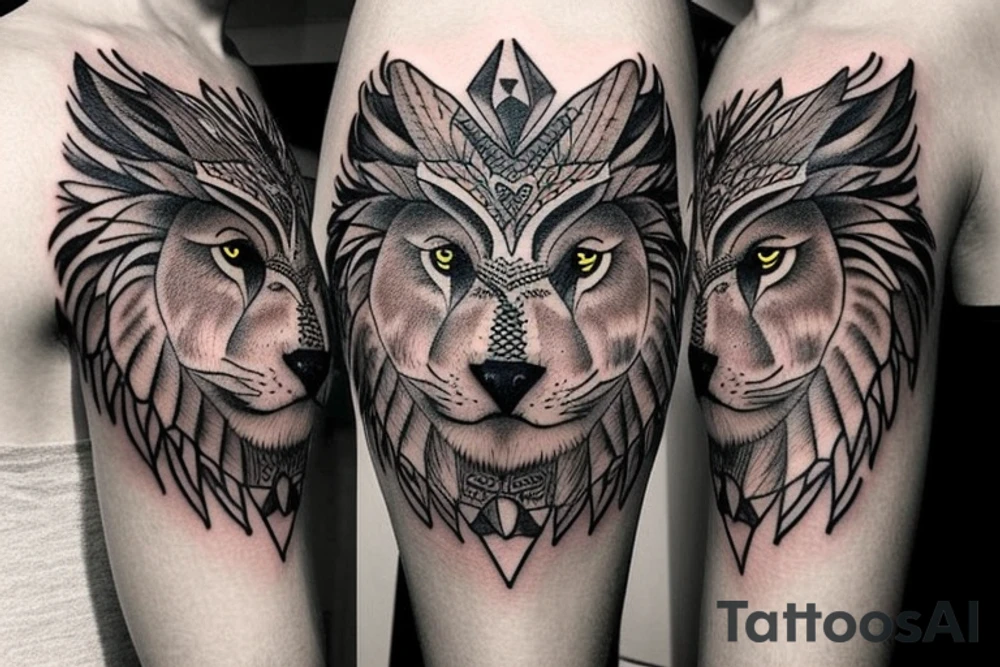 owl, lion and wolf combined in one tattoo. it could be also in a totem form tattoo idea