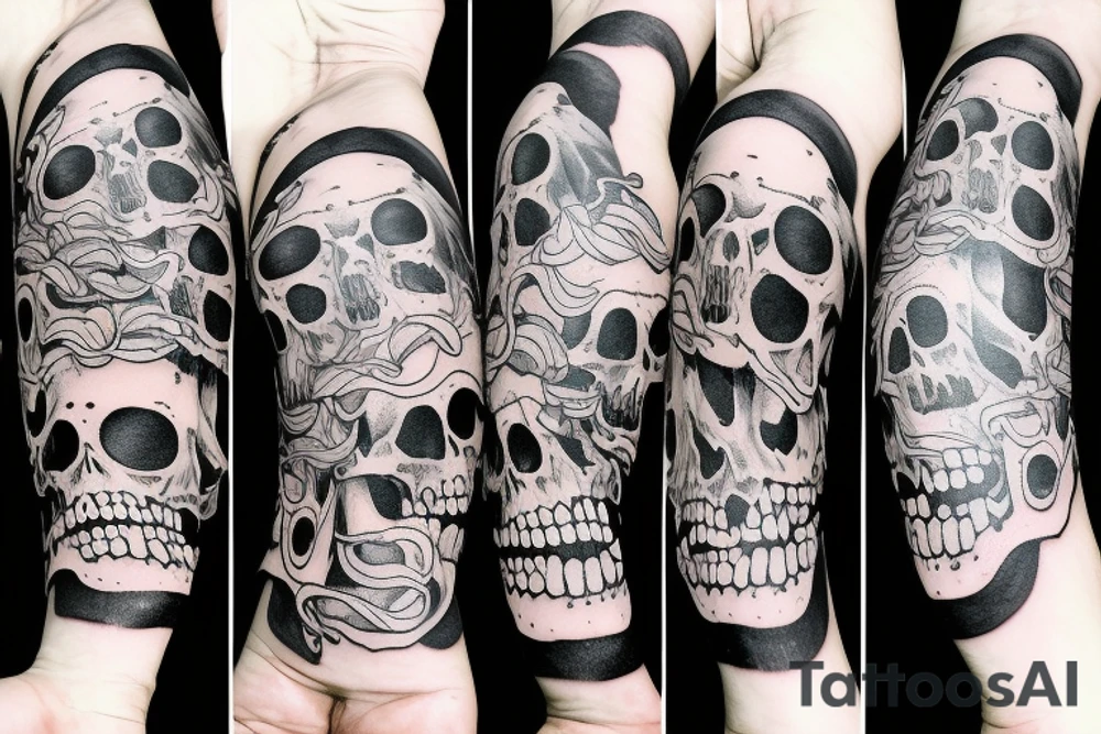 a skull with a transparent cranium on the background of the post-apocalypse tattoo idea