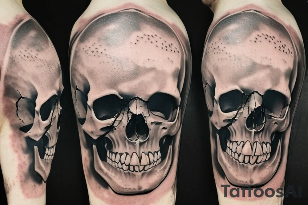 a skull with a transparent cranium on the background of the post-apocalypse tattoo idea