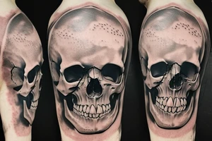 a skull with a transparent cranium on the background of the post-apocalypse tattoo idea