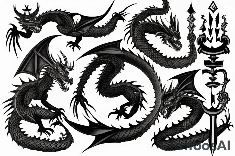 a dragon perched on a castle wall and a knight in the foreground with sword drawn tattoo idea
