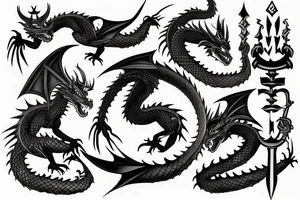 a dragon perched on a castle wall and a knight in the foreground with sword drawn tattoo idea