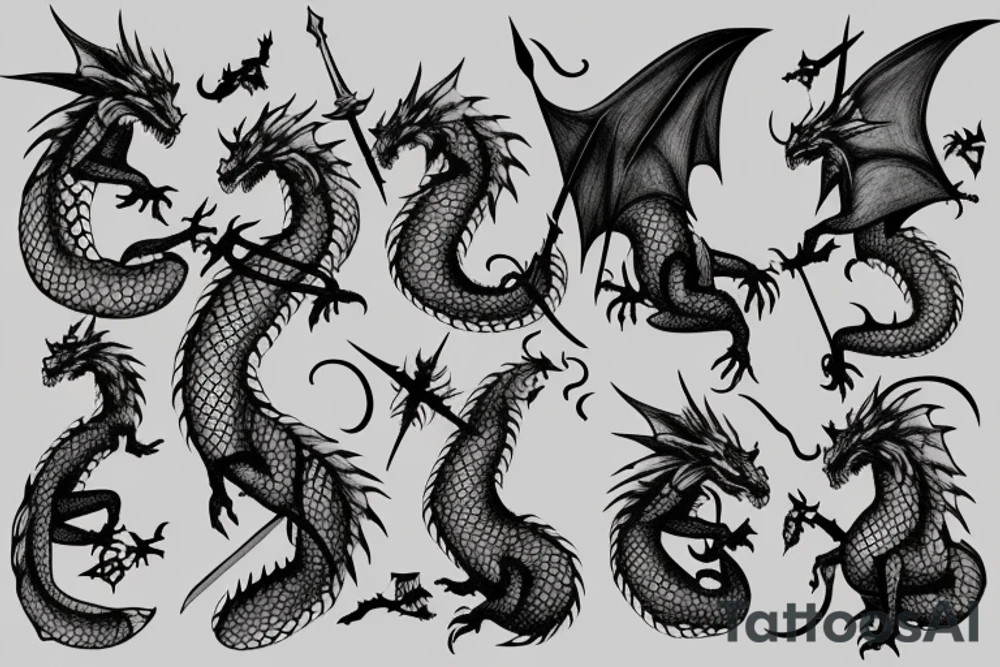 a dragon perched on a castle wall and a knight in the foreground with sword drawn tattoo idea