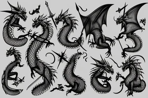 a dragon perched on a castle wall and a knight in the foreground with sword drawn tattoo idea