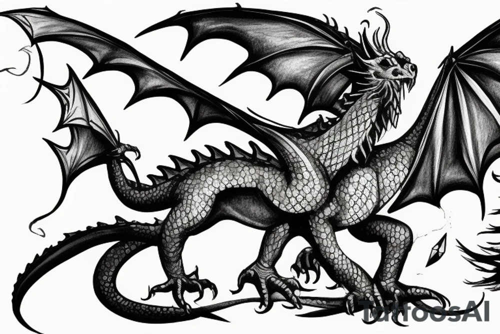 a medieval dragon flying toward a knight in the foreground with sword drawn tattoo idea