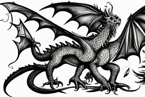a medieval dragon flying toward a knight in the foreground with sword drawn tattoo idea