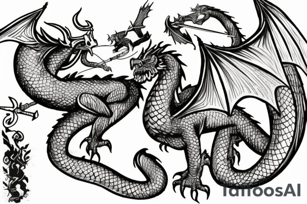 a medieval dragon flying toward a knight in the foreground with sword drawn tattoo idea