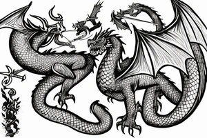 a medieval dragon flying toward a knight in the foreground with sword drawn tattoo idea