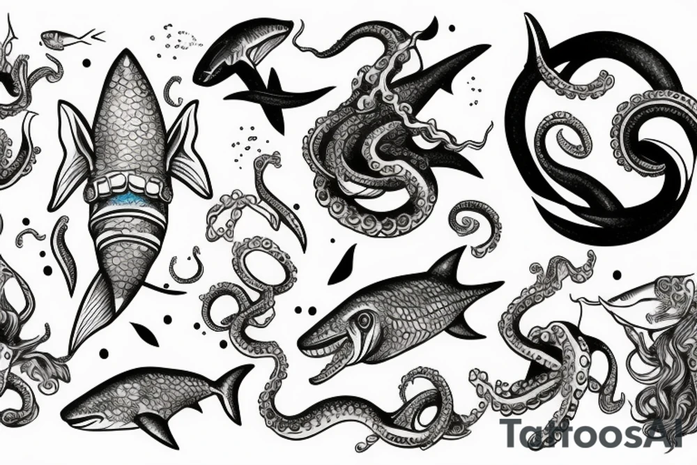 Deep sea diver with shark, octopus, seahorse, in a space setting tattoo idea