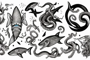 Deep sea diver with shark, octopus, seahorse, in a space setting tattoo idea