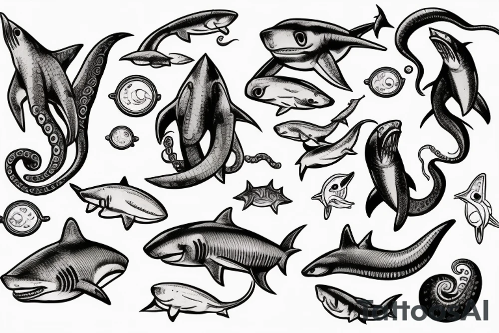 Deep sea diver with shark, octopus, seahorse, in a space setting tattoo idea