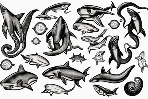 Deep sea diver with shark, octopus, seahorse, in a space setting tattoo idea