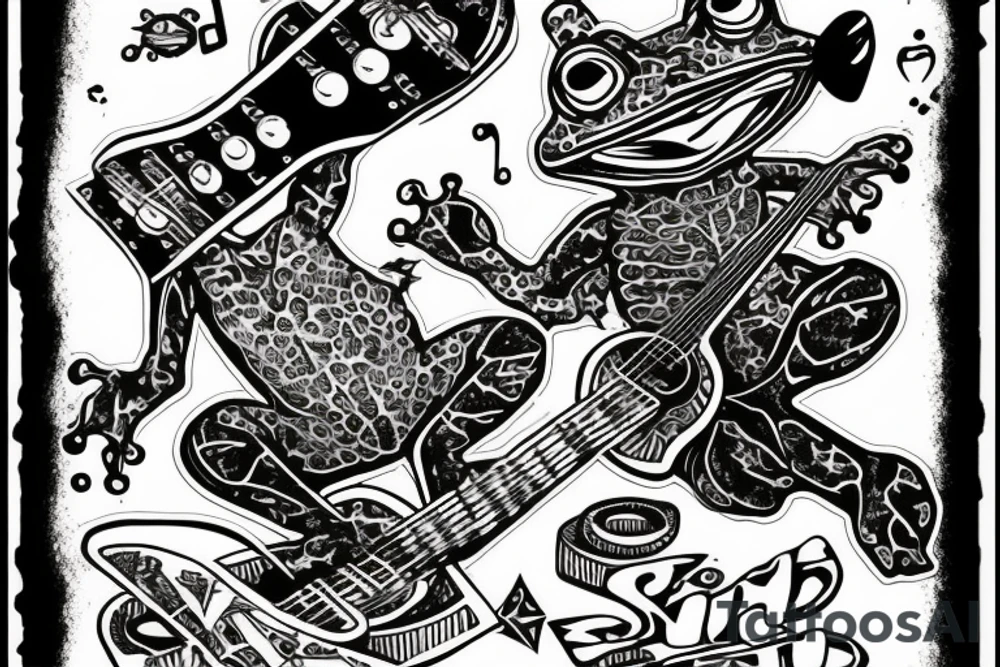 punk frog with a mohawk and a guitar on a skateboard tattoo idea