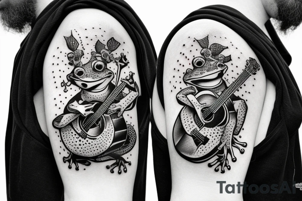 punk frog with a mohawk and a guitar on a skateboard tattoo idea