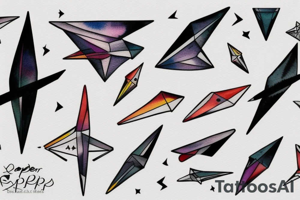 Paper plane moving forward with heaper speed trough space tattoo idea