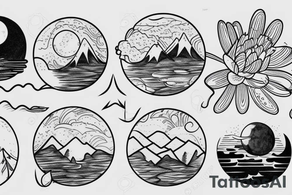 Water lily on lake with moon in sky and trees and mountains tattoo idea