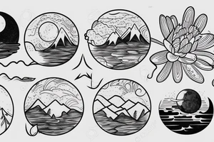 Water lily on lake with moon in sky and trees and mountains tattoo idea