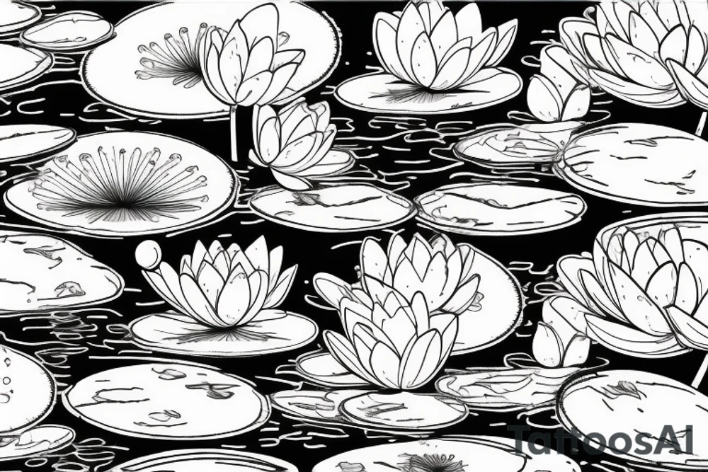 Water lily on lake with moon in sky and trees and mountains tattoo idea