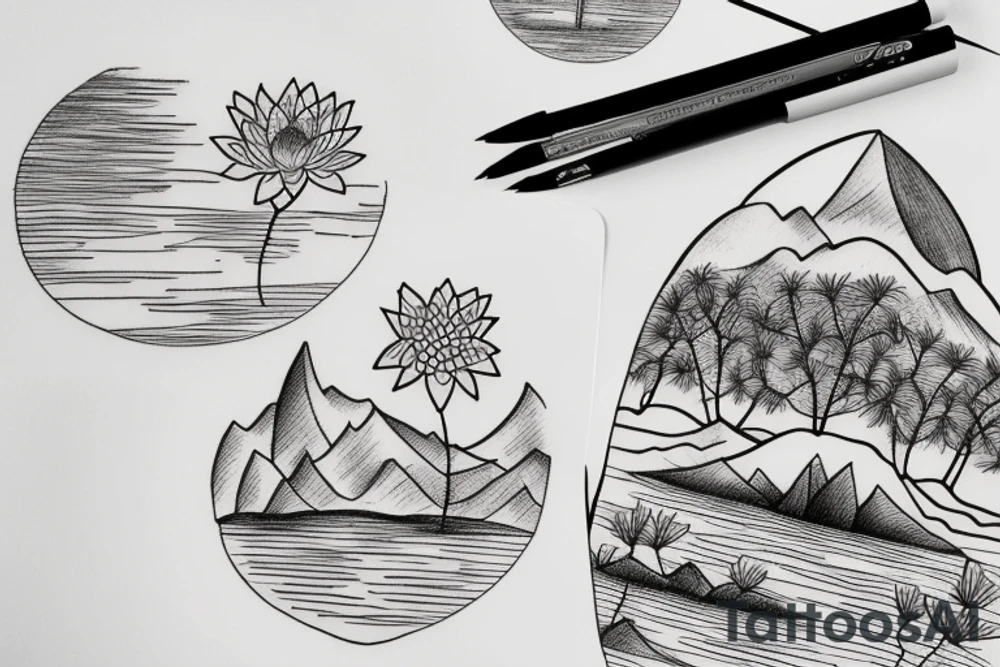 Water lily  trees and mountains tattoo idea