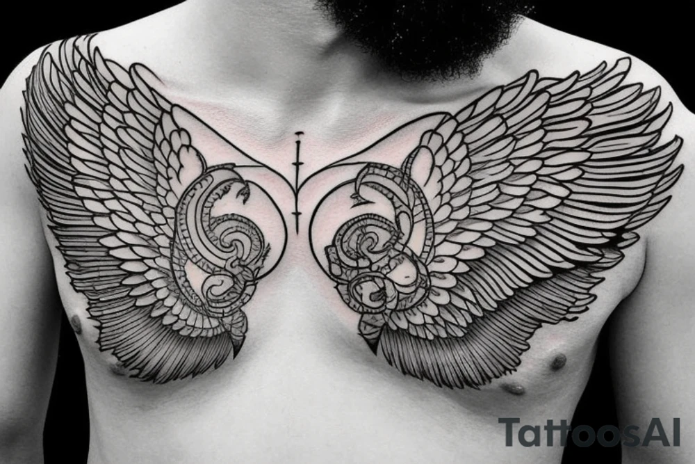 Thin wings across chest tattoo idea