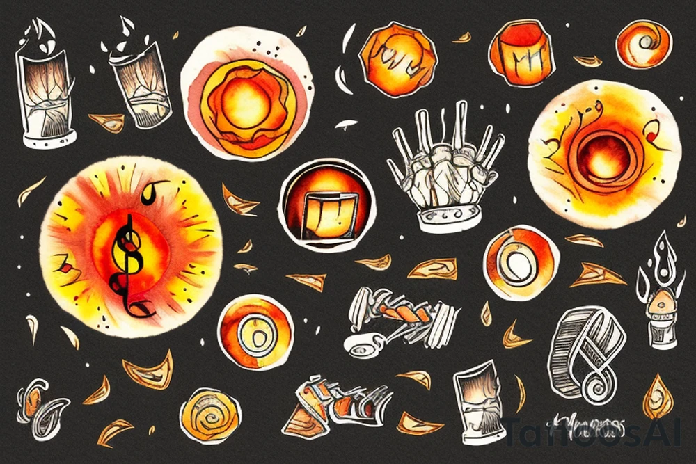 Fiery sunset over music played in a forest tattoo idea