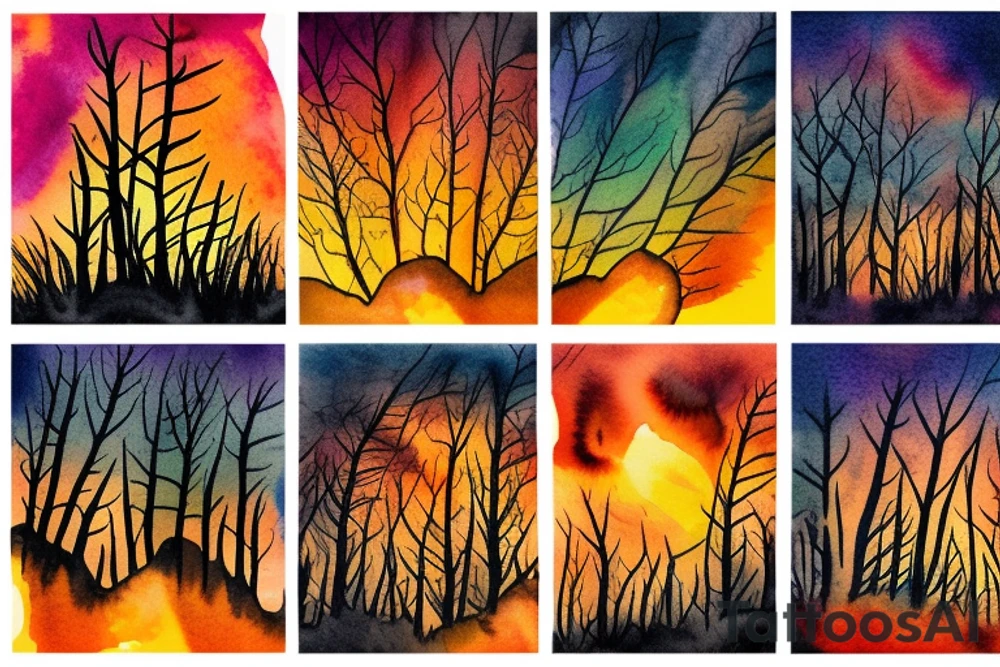 Fiery sunset over music played in a forest tattoo idea