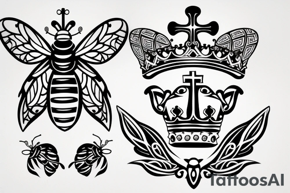 Crown cross bee tattoo idea