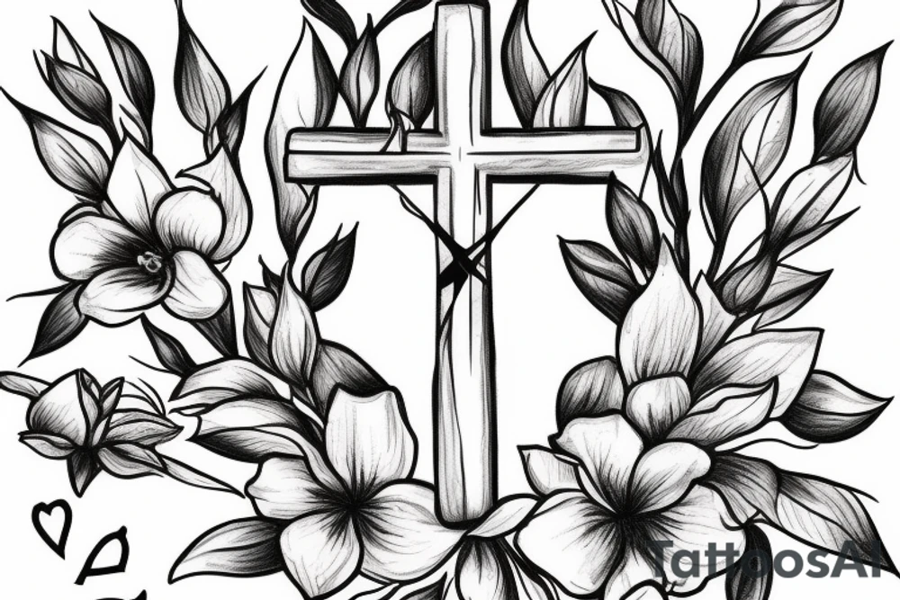 Cross with a crown and magnolia flowers tattoo idea