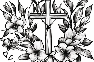 Cross with a crown and magnolia flowers tattoo idea