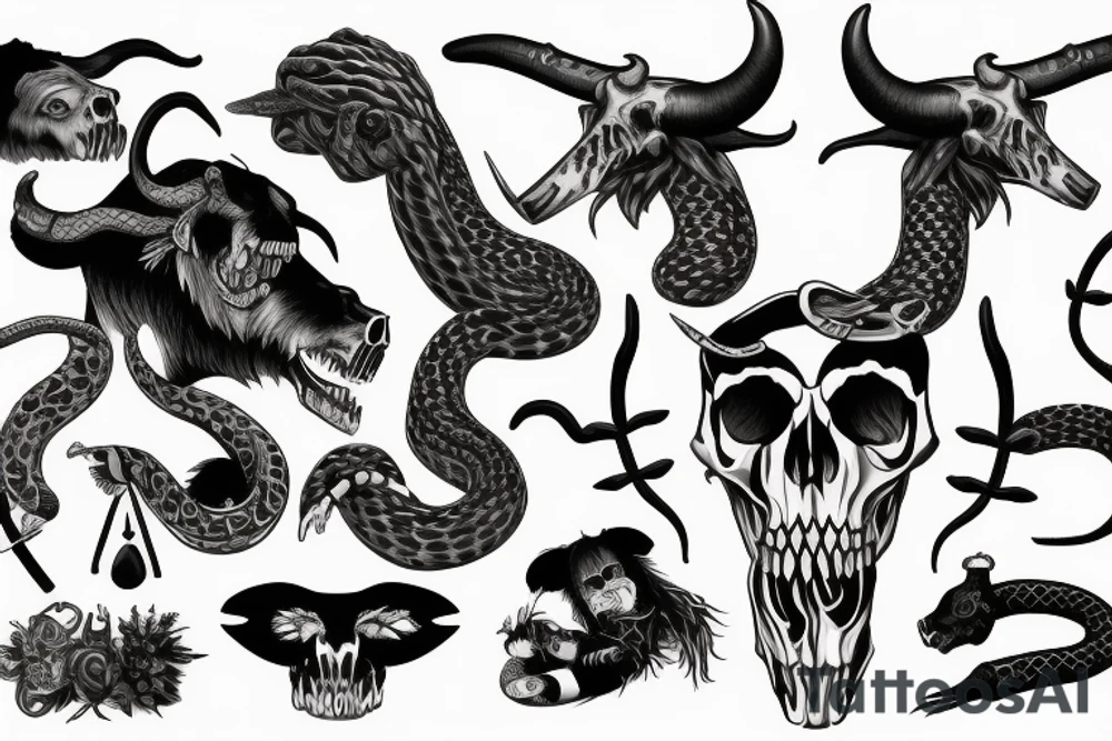 Bear jaws with a snake and dagger and a cow skull tattoo idea